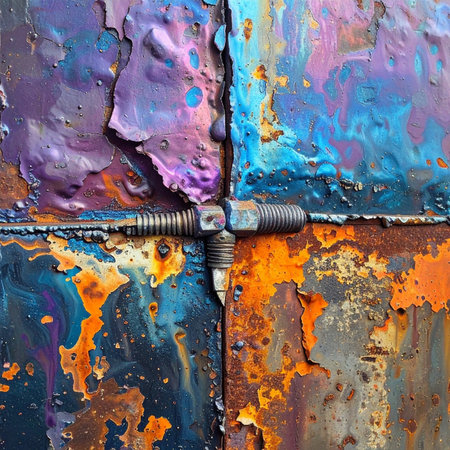 A macro view captures the beautiful decay of bolted metal plates. Layers of peeling paint in vibrant purple, blue, and orange contrast with the deep rust, creating a compelling abstract texture.の素材