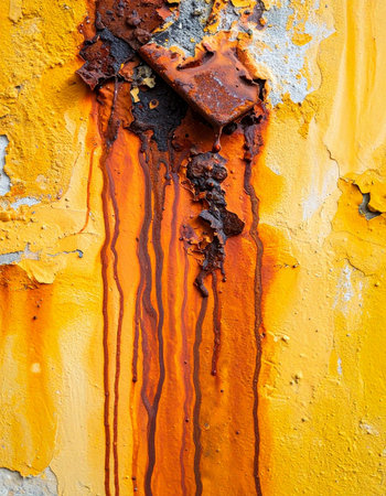 A close-up view captures the beautiful decay of an old metal surface. Vibrant yellow paint peels away to reveal deep orange and brown rust streaks, telling a story of time, weather, and neglect.の素材