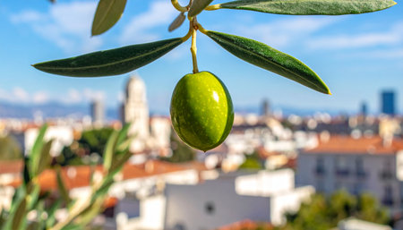 A close-up of a single, vibrant green olive on a branch, symbolizing freshness and harvest.の素材