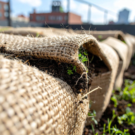 In the heart of the city, a community garden thrives using sustainable methods.の素材