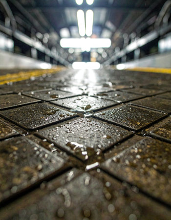From a low perspective, wet, textured tiles stretch towards the blurred lights of an empty subway station.の素材