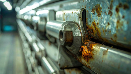 A detailed close-up captures the effects of time on an industrial production line.の素材