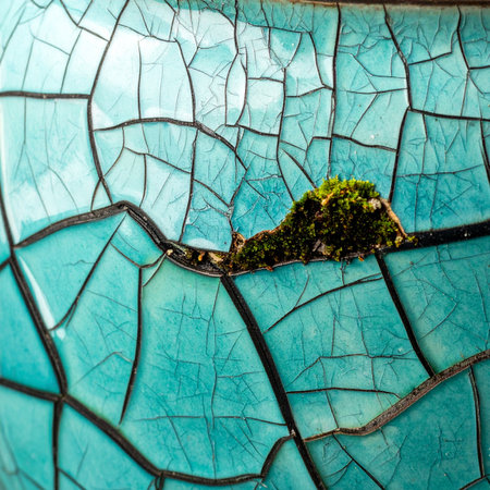A tiny patch of vibrant green moss emerges from the fractured lines of an old, cracked turquoise ceramic surface.の素材