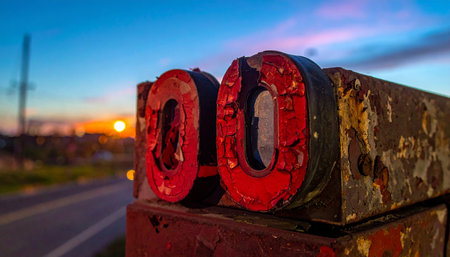 Weathered and rusty red industrial letters stand as silent witnesses to the passing of time.の素材