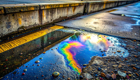 A vibrant, psychedelic rainbow emerges from an oil slick in a puddle on gritty urban pavement.の素材