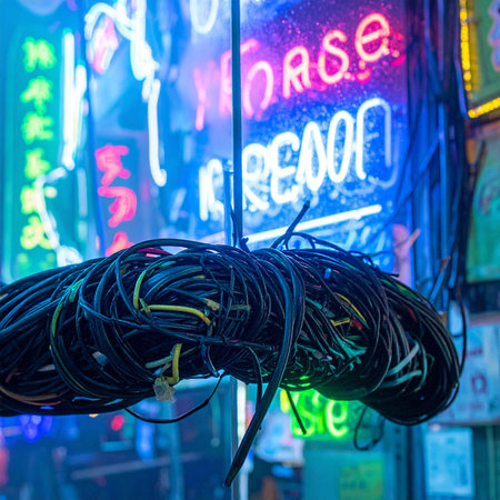 A chaotic bundle of electrical wires hangs in the foreground, symbolizing the complex, hidden infrastructure of a modern city.の素材
