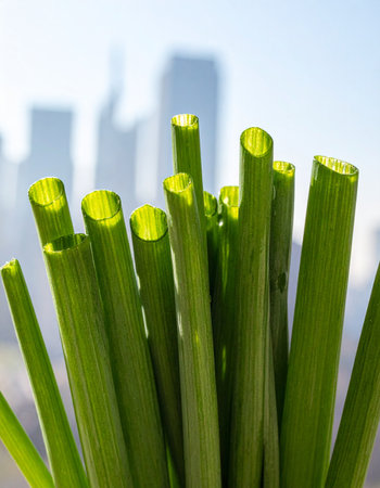 A close-up of vibrant green chives, backlit by the morning sun, stands in a window against the soft-focus backdrop of a modern city skyline.の素材