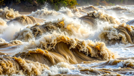 The raw, untamed power of nature is on full display as a muddy river, swollen by recent rains, churns violently.の素材