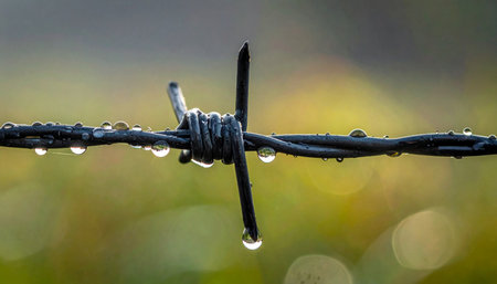 A close-up shot of a barbed wire fence on a rainy day. Water droplets cling to the sharp metal barbs, reflecting the soft, out-of-focus green background.の素材