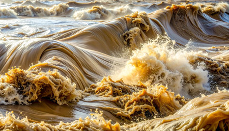 Witness the raw, untamed power of nature as a swollen river churns with a chaotic and muddy current.の素材