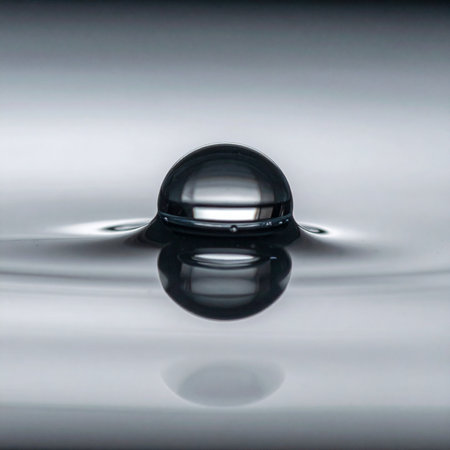 A single, perfect sphere of liquid metal rests momentarily on a calm, reflective surface.の素材