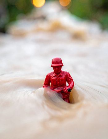 A small red toy soldier stands firm against a powerful, swirling current of muddy water.の素材