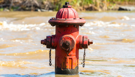 A solitary red fire hydrant stands partially submerged in swirling, muddy floodwater.の素材