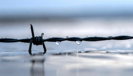 A macro photograph captures the stark contrast between delicate raindrops and the harsh reality of a metal barbed wire.の素材