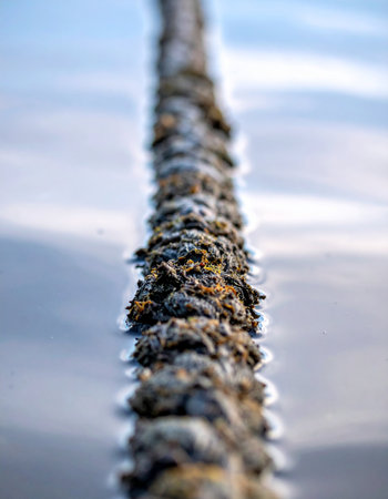 A macro view captures the gritty, textured surface of an old marine rope encrusted with salt and sea life.の素材