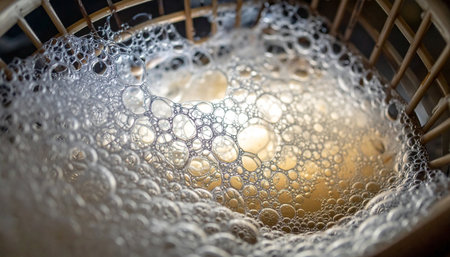 A close-up view captures the shimmering, iridescent world of soap bubbles as they gently cleanse fresh produce in a kitchen basket.の素材