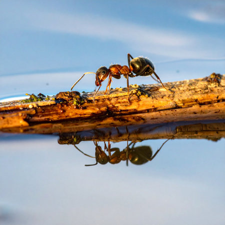 A lone ant embarks on a perilous journey, crossing a vast expanse of water on a makeshift twig bridge.の素材