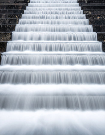 A mesmerizing long exposure captures the continuous, silky flow of water cascading down a grand stone staircase.の素材