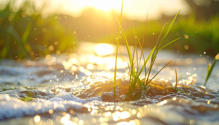 A single, vibrant green sprout stands firm against the gentle current of a sparkling creek.の素材