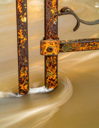 An old, rusty iron gate stands firm against the powerful current of a murky, flowing river.の素材