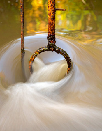 A forgotten piece of rusted iron machinery stands against the powerful, silky current of an autumn stream.の素材