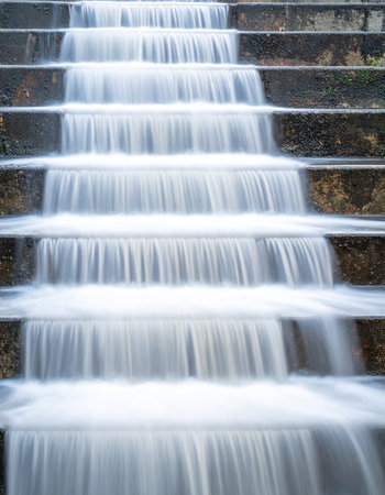 A long exposure captures the mesmerizing flow of water as it cascades down a series of stone steps.の素材