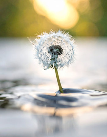 A single, delicate dandelion seed head stands resiliently in a tranquil puddle, its perfect form reflected in the water's surface.の素材