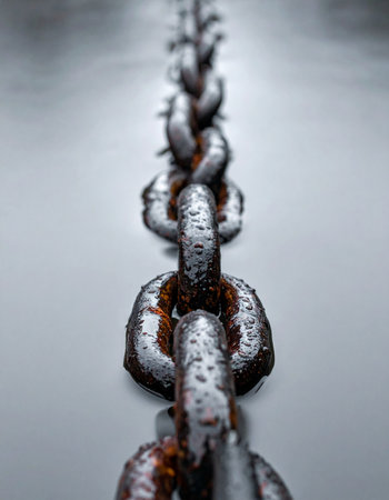 A close-up perspective of a weathered, rusty chain link, symbolizing strength, endurance, and connection.の素材