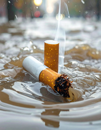 A single cigarette butt, its last wisp of smoke rising, lies extinguished in a murky urban puddle after a downpour.の素材