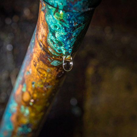 A single, perfect droplet of water clings to a heavily corroded copper pipe, its surface a vibrant tapestry of blue verdigris and orange rust.の素材