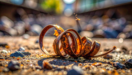 A forgotten spiral of rusty metal rests on a gritty industrial floor, its coppery tones glowing in the warm light.の素材