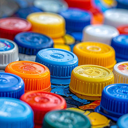A vibrant sea of colorful plastic bottle caps collected for recycling.の素材