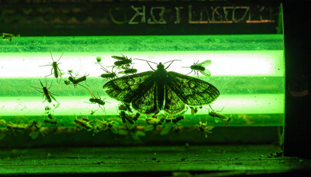 A large moth and a swarm of smaller insects are silhouetted against the eerie green glow of an electric bug zapper.の素材