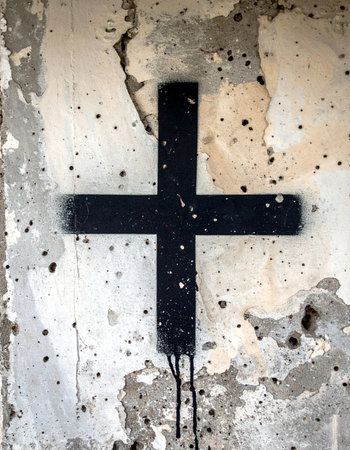 A stark black cross is spray-painted onto a decaying, bullet-riddled wall.の素材