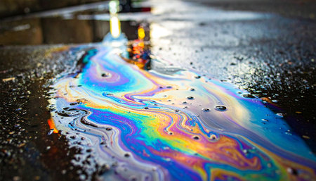 A mesmerizing yet cautionary display of color swirls across dark, wet pavement.の素材