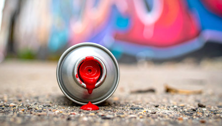 A close-up of a red spray paint can lies on the asphalt, its nozzle still dripping with fresh paint.の素材
