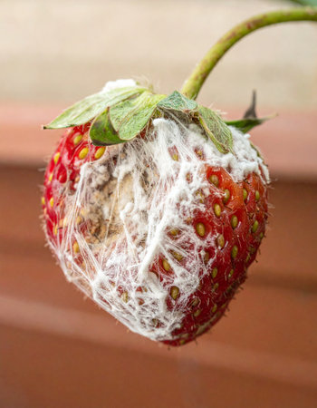 A macro photograph captures the intricate and unsettling beauty of a strawberry in the advanced stages of decay.の素材