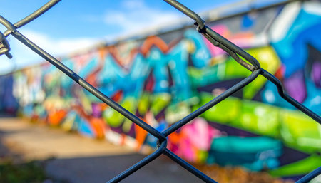 A close-up view of a chain-link fence creates a barrier, with a vibrant and colorful graffiti mural blurred in the background.の素材