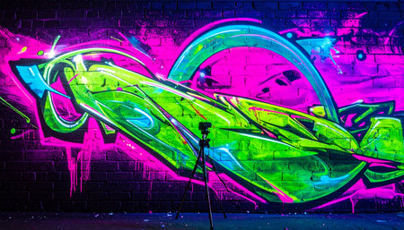 In the darkness, a street artist brings a brick wall to life with an explosion of fluorescent color.の素材