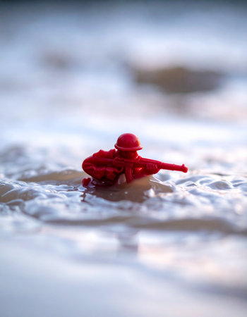 A lone red toy soldier confronts the overwhelming power of the ocean surf.の素材