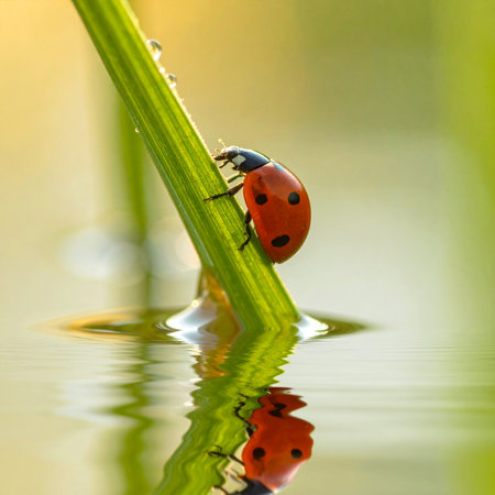 A single ladybug pauses on a vibrant green blade of grass, its perfect reflection mirrored in the still, calm water below.の素材