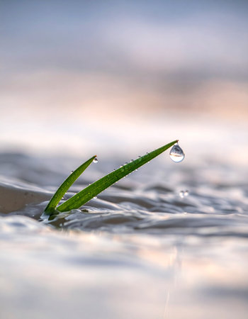 In the quiet light of dawn, a single blade of grass emerges from the gentle ripples of water.の素材