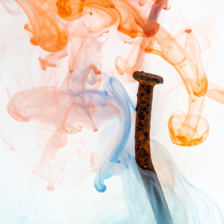An old, rusty nail becomes the subject of an abstract masterpiece as it bleeds color into clear liquid.の素材
