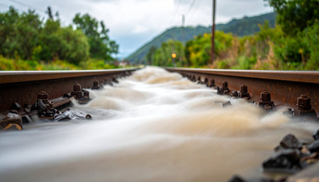 Fast-moving, muddy floodwaters rush over a railway line, completely submerging the tracks in a powerful display of nature's force.の素材