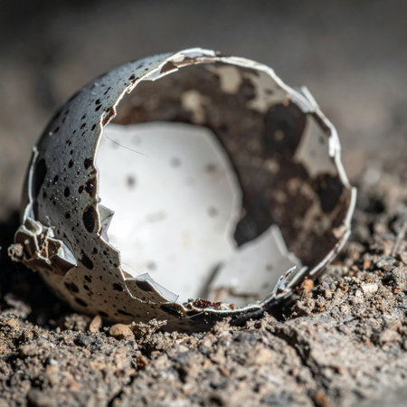A single, speckled eggshell lies empty on the ground, a delicate remnant of a new life that has just begun.の素材