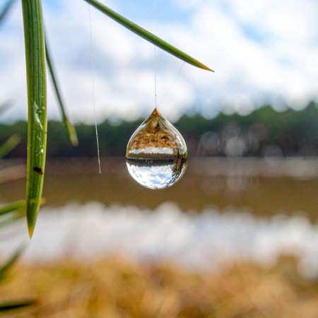 A perfect, glistening dewdrop hangs precariously from a blade of grass, capturing and inverting the entire landscape within its tiny sphere.の素材