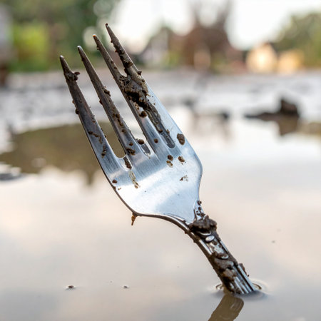 A solitary silver fork stands abandoned in a muddy puddle, a poignant symbol of something finished and left behind.の素材