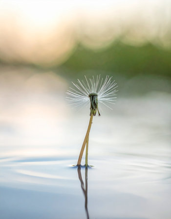 A single, delicate dandelion seed head stands resiliently in calm, reflective water.の素材