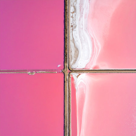An aerial perspective reveals the stunning geometry of salt evaporation ponds, where nature's processes create a vibrant, abstract canvas.の素材