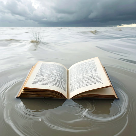 An open book floats serenely on the water's surface, its pages telling a story to the dramatic, stormy sky above.の素材